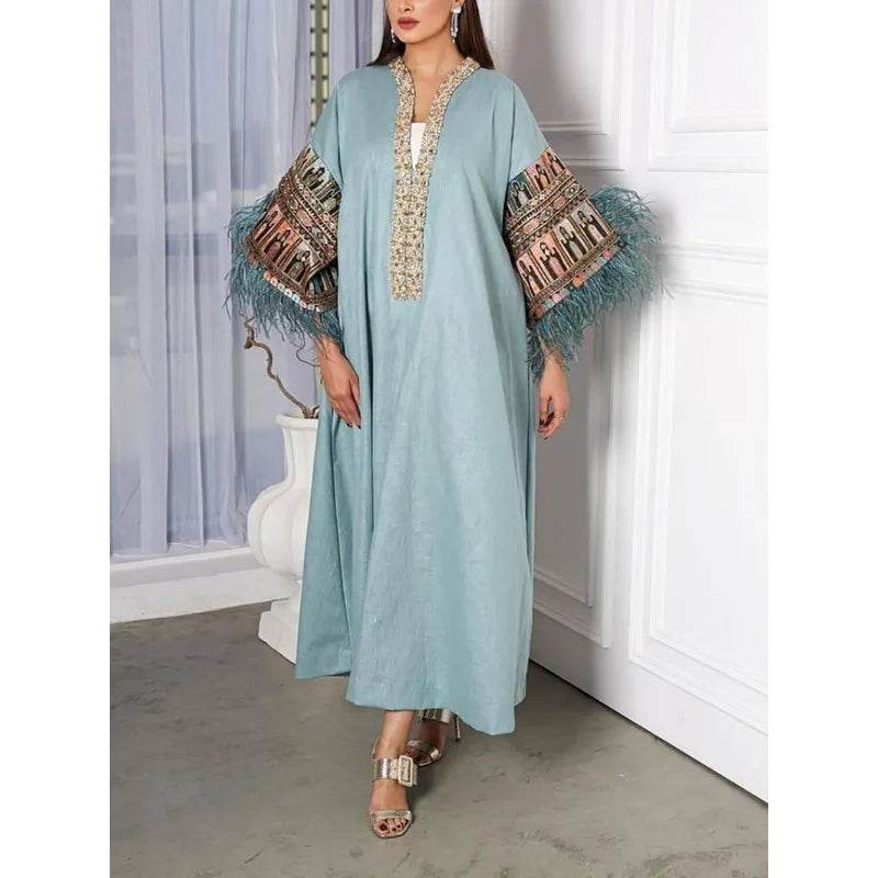 Kaftan Long Sleeves O-neck Robe Dress Muslim Dress Women Abaya Fashion Loose-Fitting Islamic Clothing Eid Ramadan Caftan - AIAZ