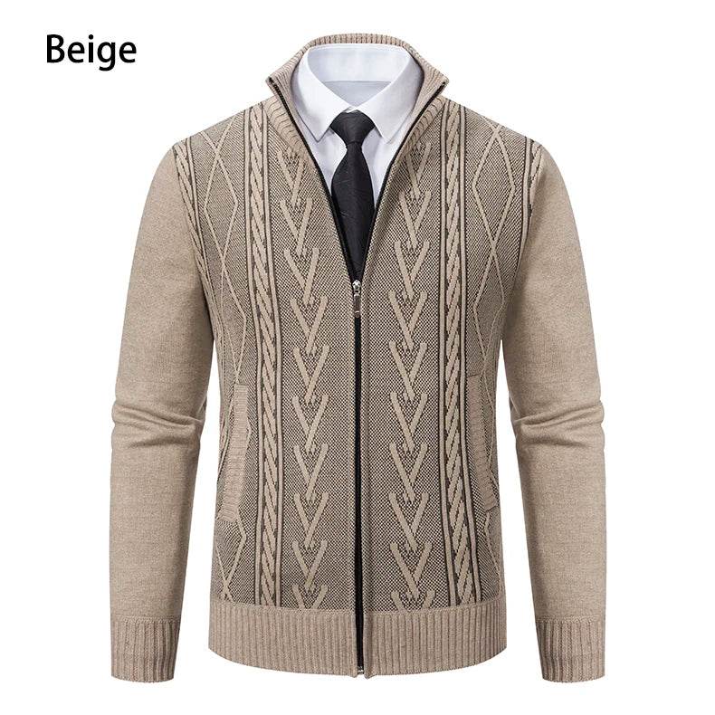 Thickened jacket men's autumn and winter warm trend line stand collar knitted cardigan sweater coat - AIAZ