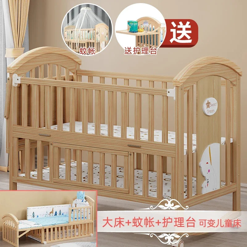 Baby Crib Multifunctional BB Baby Crib Solid Wood Unpainted Cradle Bed Movable Newborn Children Splicing Large Bed