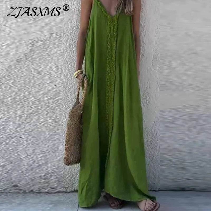 Woman Sexy V Neck Tassel Long Dresses Spring Solid Loose Boho Suspender Dress New Summer Sleeveless Vacation Maxi Dress Vestidos - AIAZ