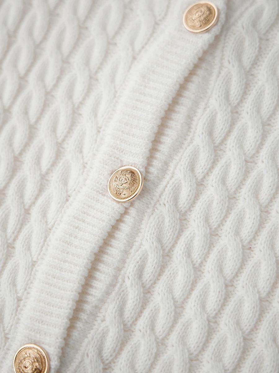 Women's Cable Knit Cardigan Solid Color Round Neck Short Sleeve Button-front Closure Crop Sweaters - AIAZ