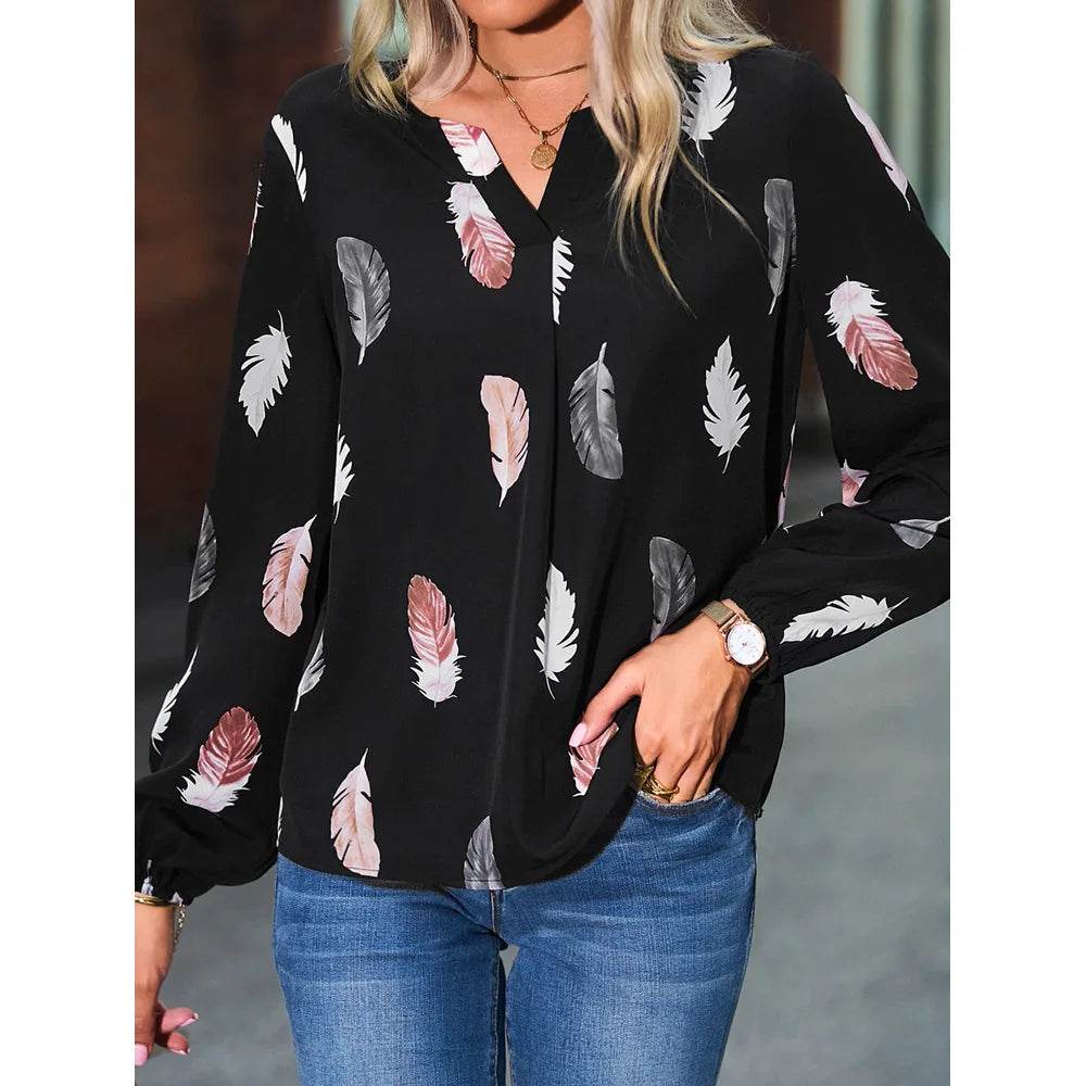 Fashion Woman Blouse Shirts For Women Stylish Top long Sleeve Feather Pattern Female Tops Elegant Chiffon Mujer Woman Clothes - AIAZ