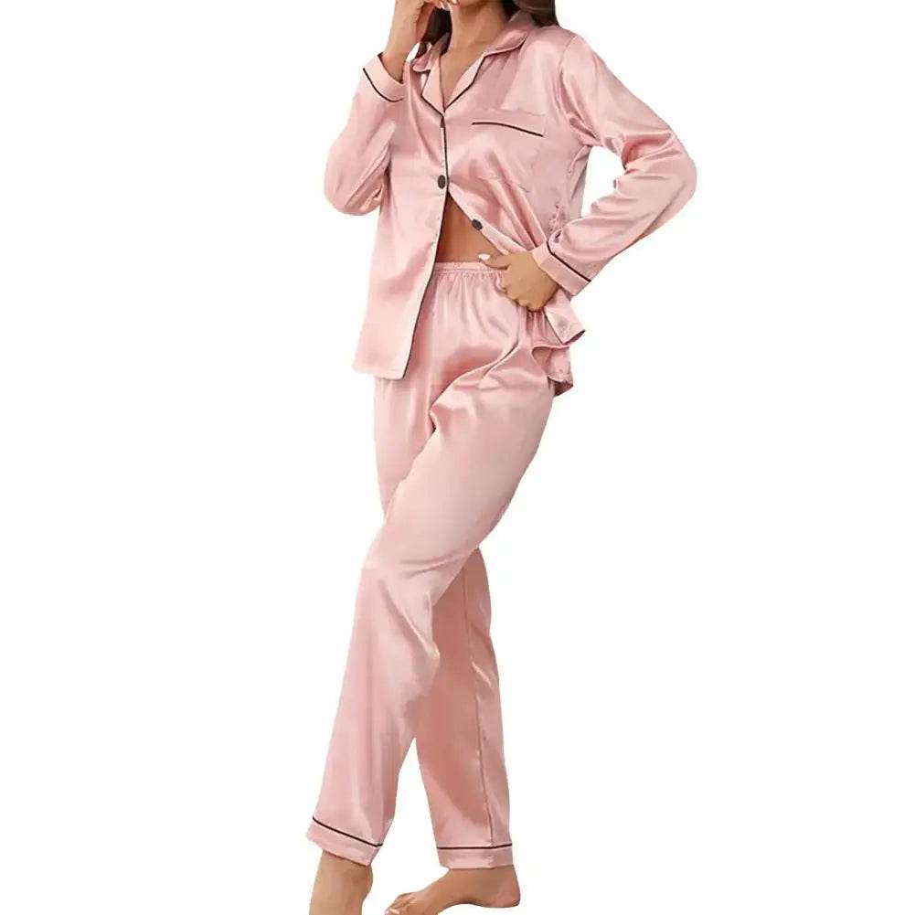 Women Two-piece Pajama Set Classic Design Sleepwear Elegant Women's Silk Pyjama Set with Long Sleeve Button Top Elastic for Home - AIAZ