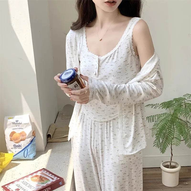 Three-Piece Pajama Set for Women Floral Lace Sweet Cardigan Camisole Homewear Long Sleeves Long Pants Fancy Underwear Ladies - AIAZ