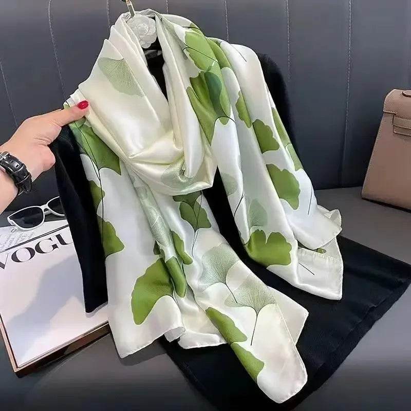New Summer Women's Silk Scarf Sun Protection Satin Print Extra Long Beach Cover Up Decorative Mom's Shawl Fashionable Accessory - AIAZ
