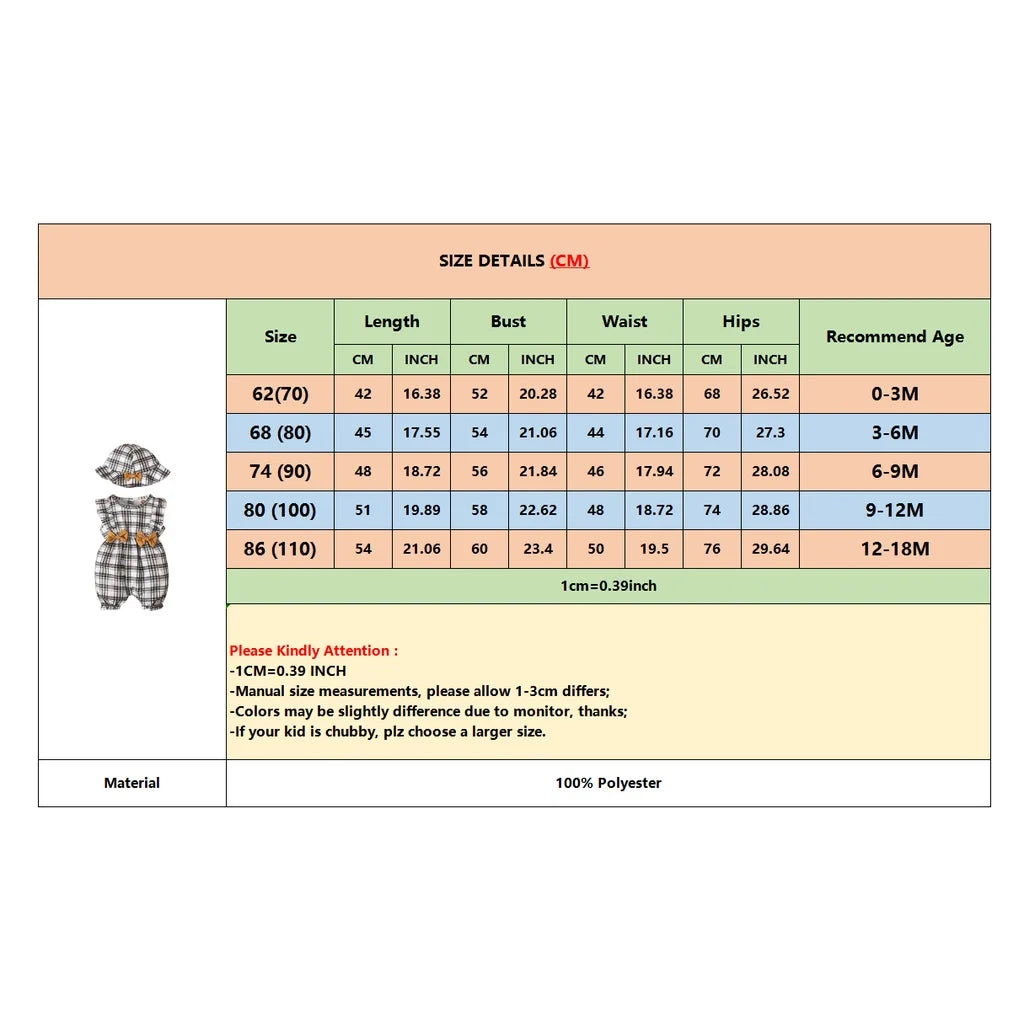 0-18 Months Newborn Baby Girl Clothes Cute Plaid Design Summer Romper+Hat 2Pcs Suit Fashion Holiday Clothing For Toddler Girl