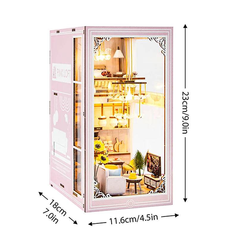 DIY Book Nook Shelf Insert Kit 3D Wooden Puzzle Doll House Assembly Building Model Bookends With Furniture LED Light Xmas Gifts - AIAZ