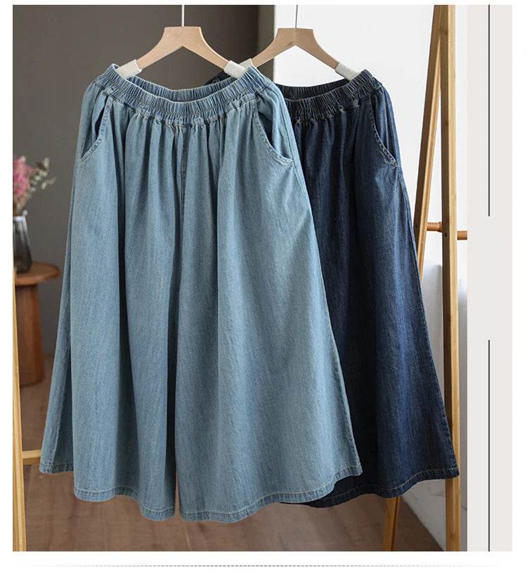 8215 Summer Trendy Wide Leg Jeans Skirts For Women New Design Straight Loose Casual Solid Color Elastic High Waist Denim Pants - AIAZ