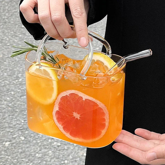 770 Ml Handbag Glass Beverage Cup Cocktail Glass Wine Cups with Straw Creative Fruit Tea Juice Mug for Home Special Drinkware