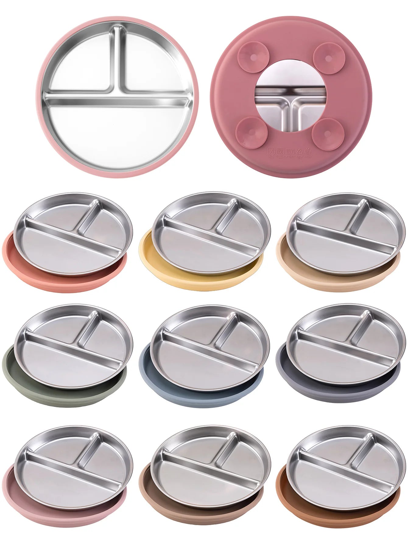 5PCS Stainless Steel Detachable Dishes Plate Baby Feeding Set With BPA Free Silicone Bowl Cup Infant Training Fork Spoon Gifts