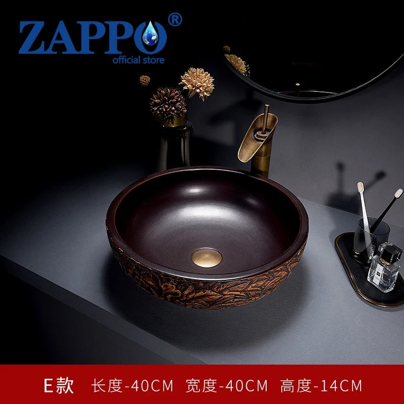 ZAPPO Round Vessel Sink with Faucet Drain JinDezhen Ceramic Vessel Sinks Oval Bathroom Sink Bowl Above Counter with Mixer Tap