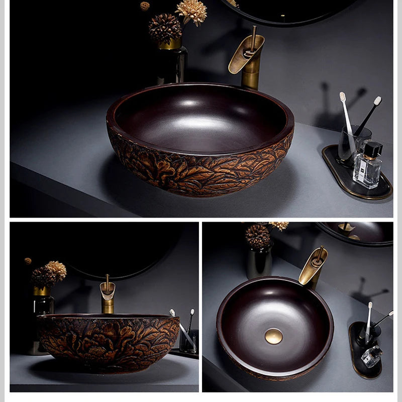 ZAPPO Round Vessel Sink with Faucet Drain JinDezhen Ceramic Vessel Sinks Oval Bathroom Sink Bowl Above Counter with Mixer Tap