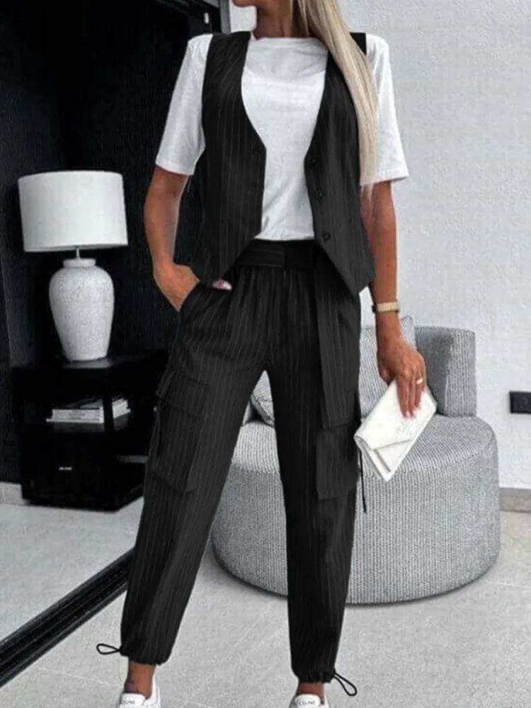 White Striped Vest Suit For Women Summer Casual V-neck Button Top Pocket Loose Pants Outfits Two-piece Suit For Women Elegant - AIAZ