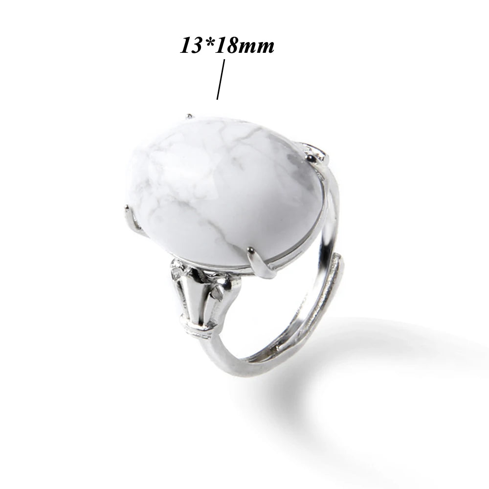 Cabochon Natural Stone Ring 10*14MM Oval Agates Turquois Quartzs Gem Finger Ring Silver Color Adjustable Open Rings Jewelry Gift