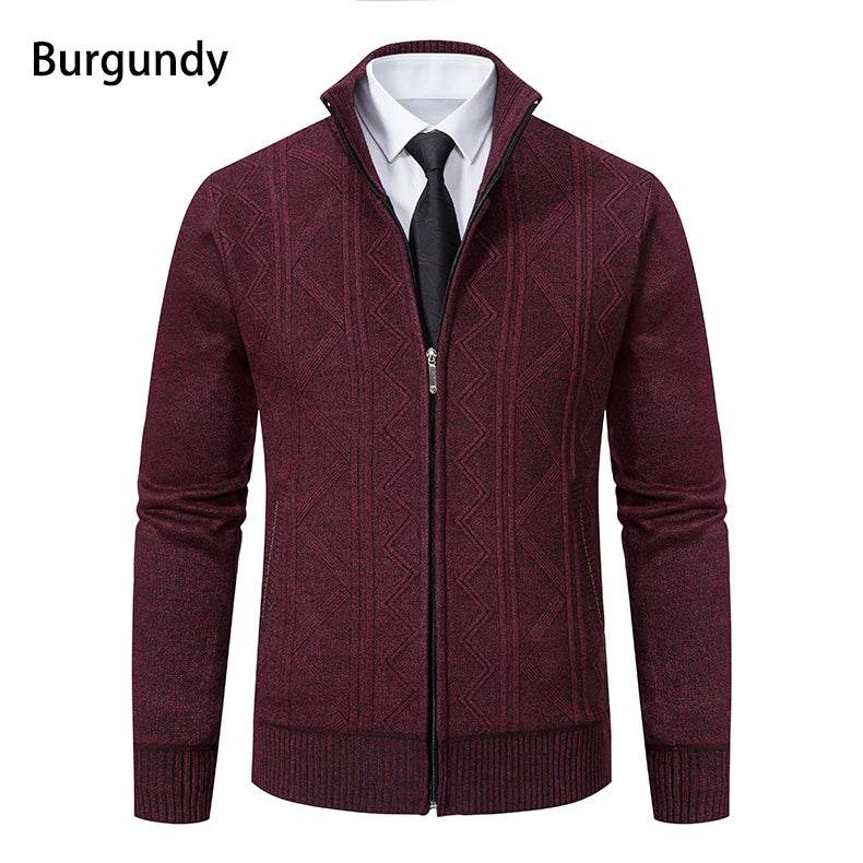 Thickened jacket men's autumn and winter warm trend line stand collar knitted cardigan sweater coat - AIAZ