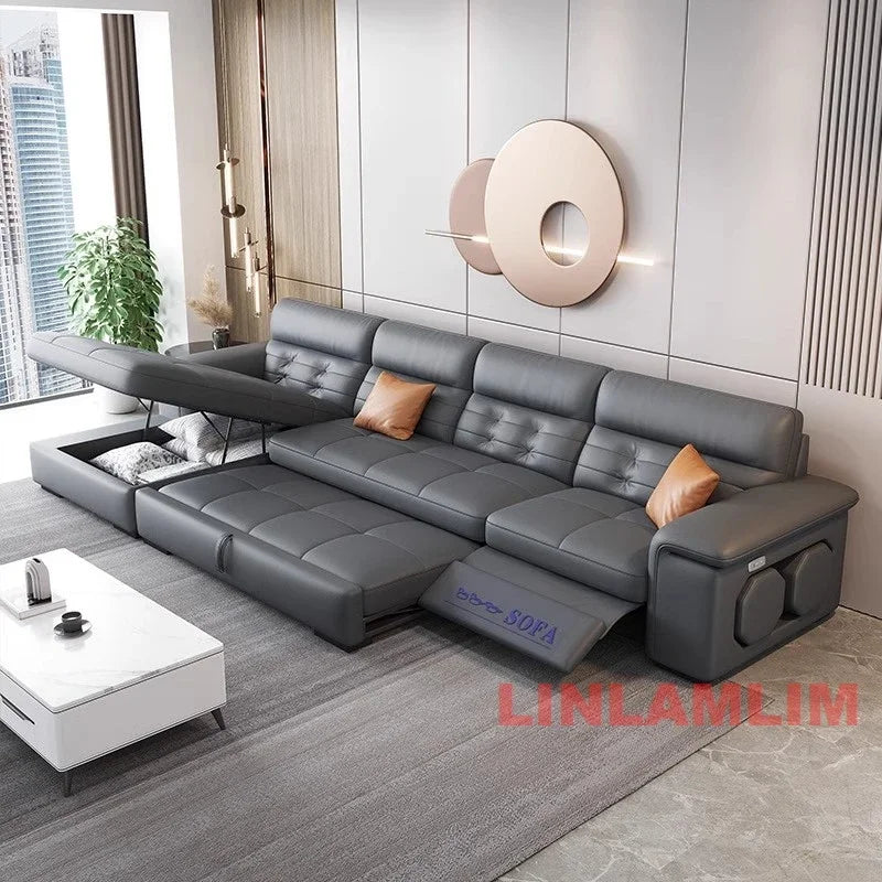 MINGDIBAO Sectional Sofa Bed with Storage, Genuine Leather Reclining Couch, Space-Saving Convertible Sleeper Sofa in Living Room