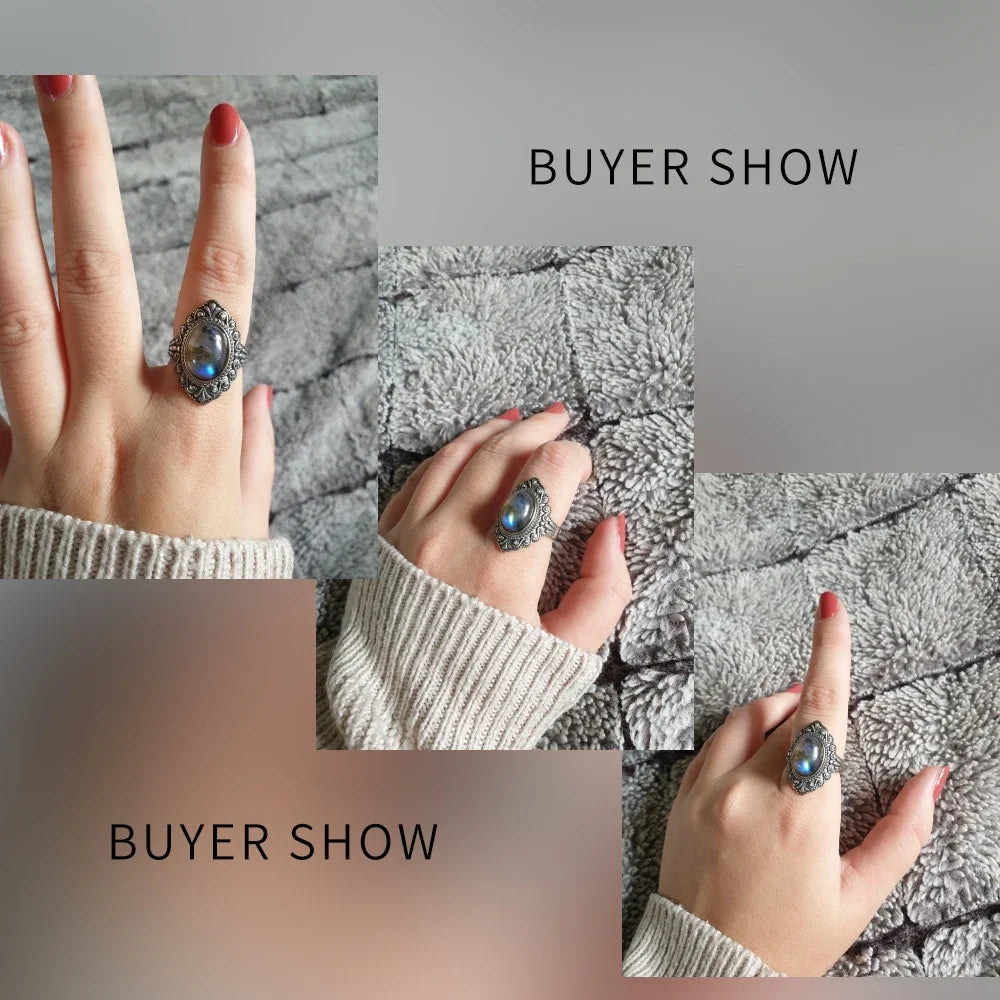 Retro Oval Natural Labradorite Rings for Women Men Silver Ring Finger Ring Retro Gemstone Rings Jewelry Party Gift
