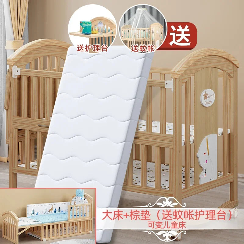 Baby Crib Multifunctional BB Baby Crib Solid Wood Unpainted Cradle Bed Movable Newborn Children Splicing Large Bed