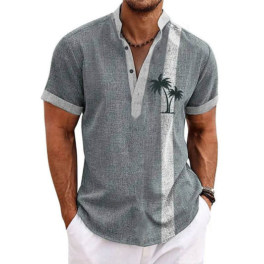 New Coconut Tree Striped 3D Print Henley Shirts Men's Oversized Button Stand Collar Short Sleeve T Shirt Tees Tops Man Clothing - AIAZ