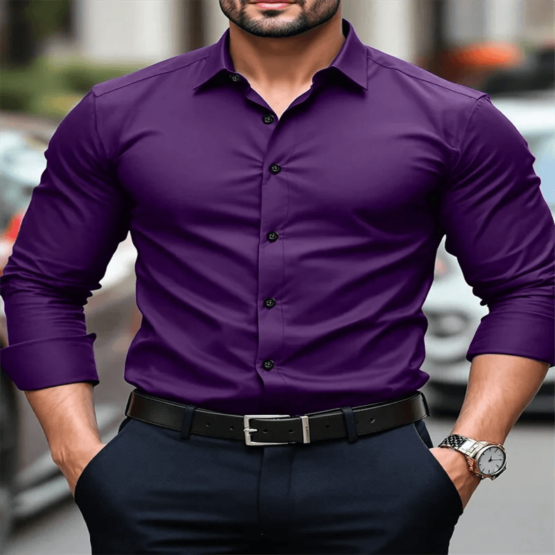 Men's classic formal navy blue dress shirt, long sleeve button down lapel shirt, slim fit, comfortable and soft - AIAZ