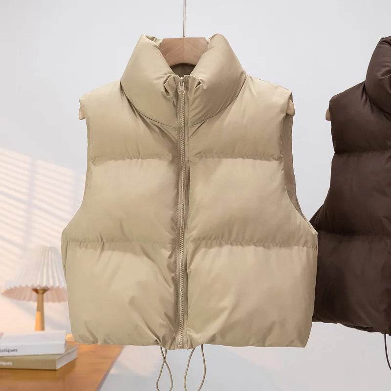 Elegant Chic Vests Fashionable Sleeveless Stand Collar Zipper Basic Autumn Winter Jacket Thick Warm Casual Women Vest Jacket ﻿ - AIAZ