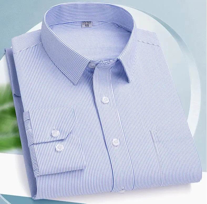 Men Formal Shirt Long Sleeve Office Solid Color Striped Anti-Wrinkle Fashion Business Pocket White Social Pocket Shirt S-4XL - AIAZ