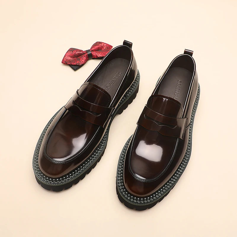 Spring and Autumn New Men's Business Casual Shoes, Genuine Leather Thick Soled Round Toe Loafers