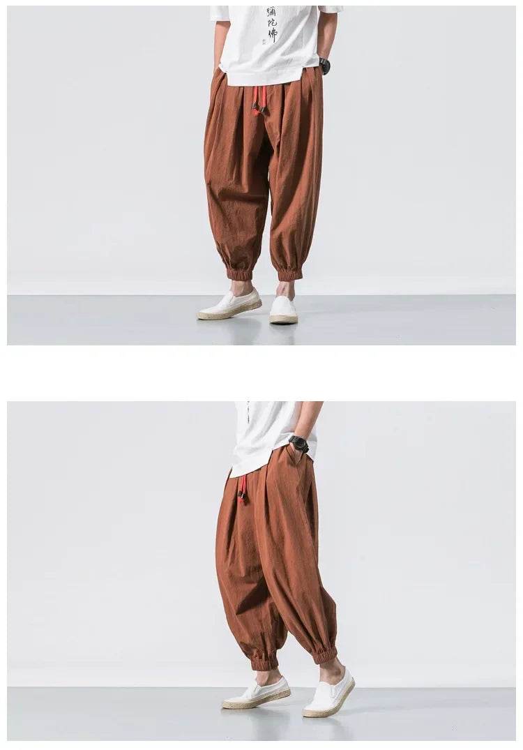New Trendy Men Harem Pants Loose Oversized Style Cotton and Linen High Quality Jogger Sweatpants Casual Male Trousers - AIAZ