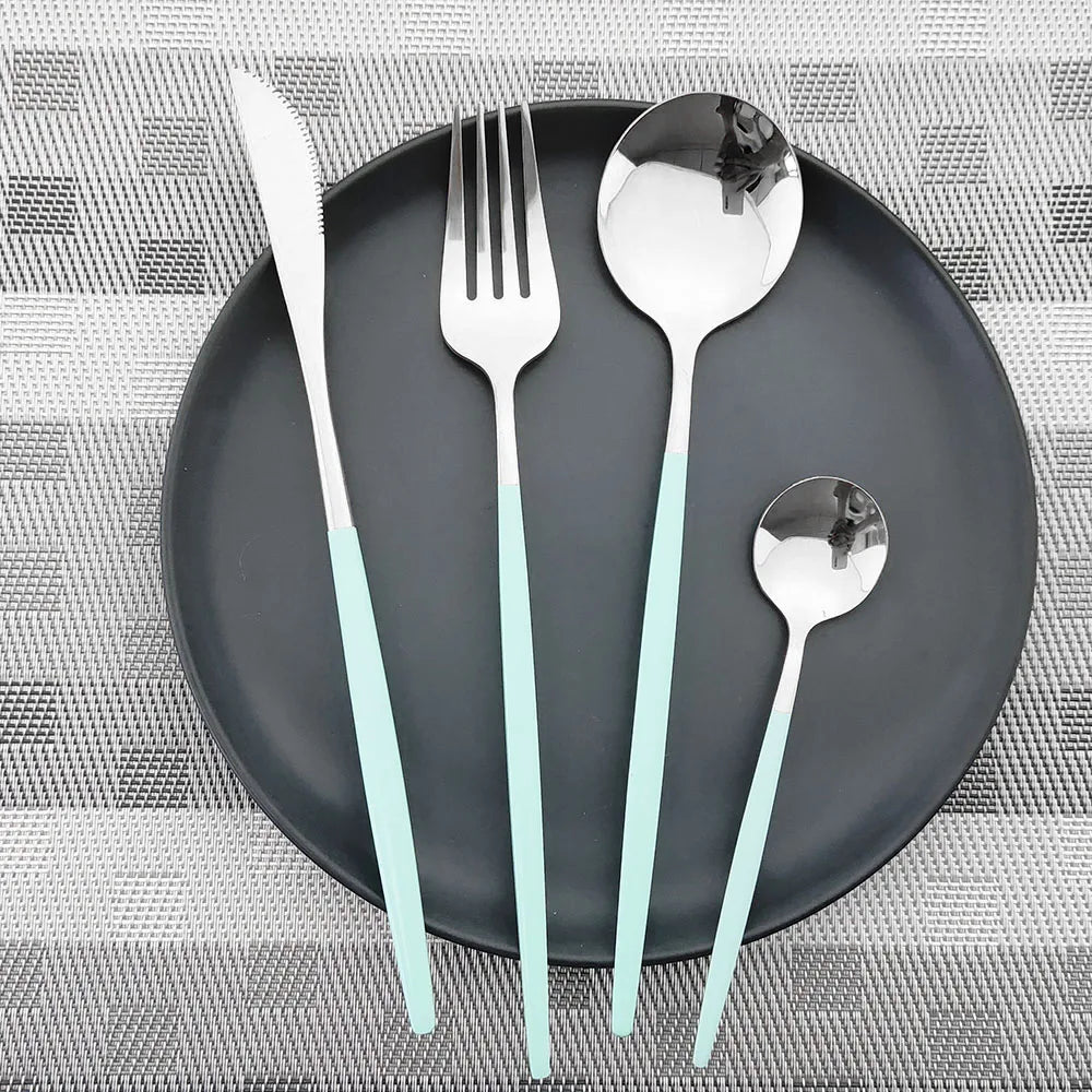 24Pcs Stainless Steel Dinnerware Set Kitchen Fork Spoon Knife Dinner Cutlery Set White Silver Western Flatware Tableware Set