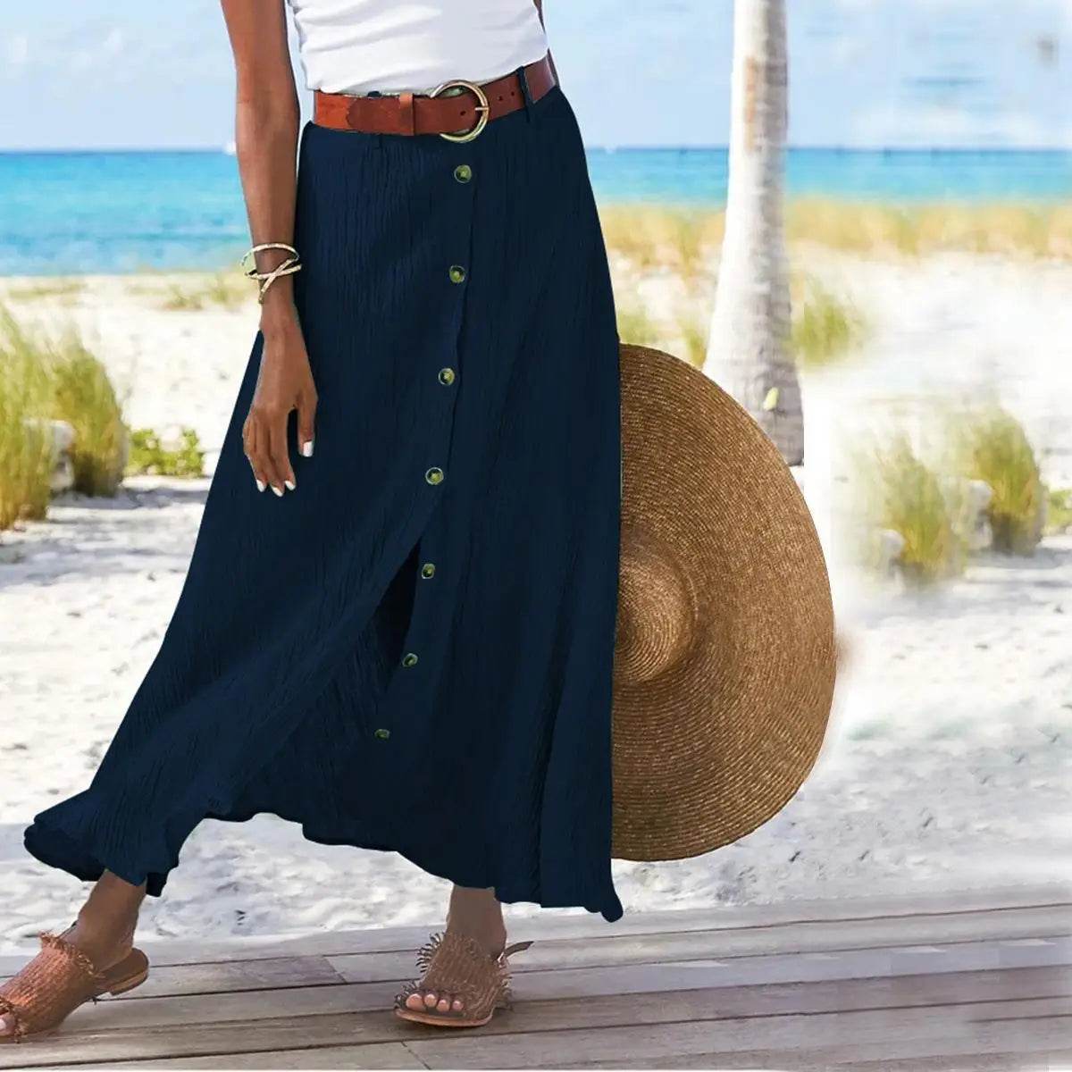 Women Skirt 2025 Spring Summer New Fashion Casual Cotton And Linen Solid Color Buttons Skirt Split A- Line Hip Waist Long Skirt - AIAZ