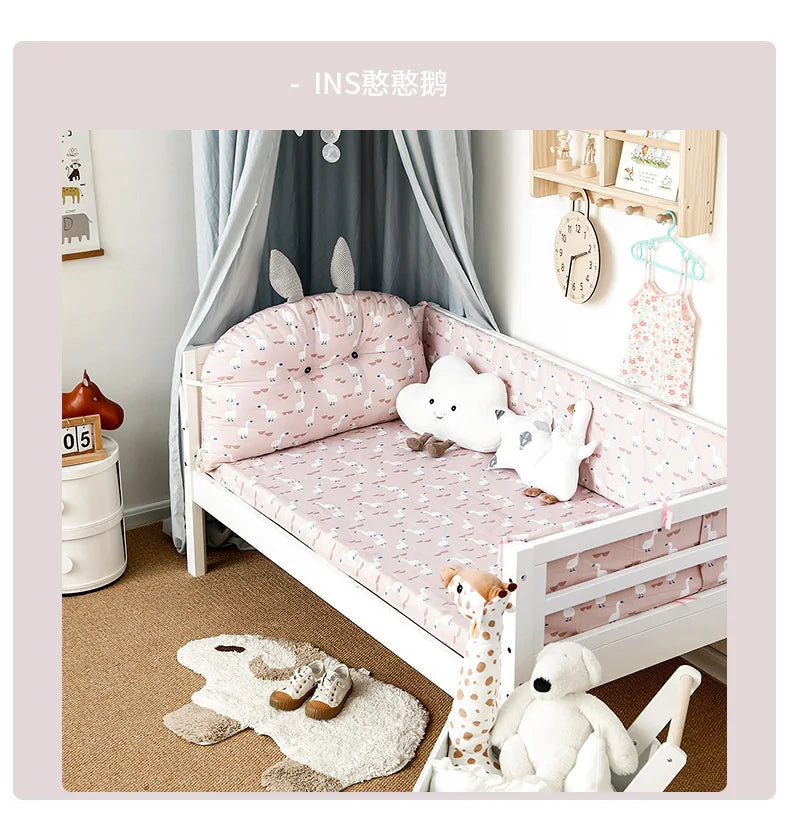 4Pcs Baby Bedding Set Cotton Cartoon Bear Head Crib Bed Protector Bumper Newborns Sheet Child Bed Baby Washable Cot Bedding Set