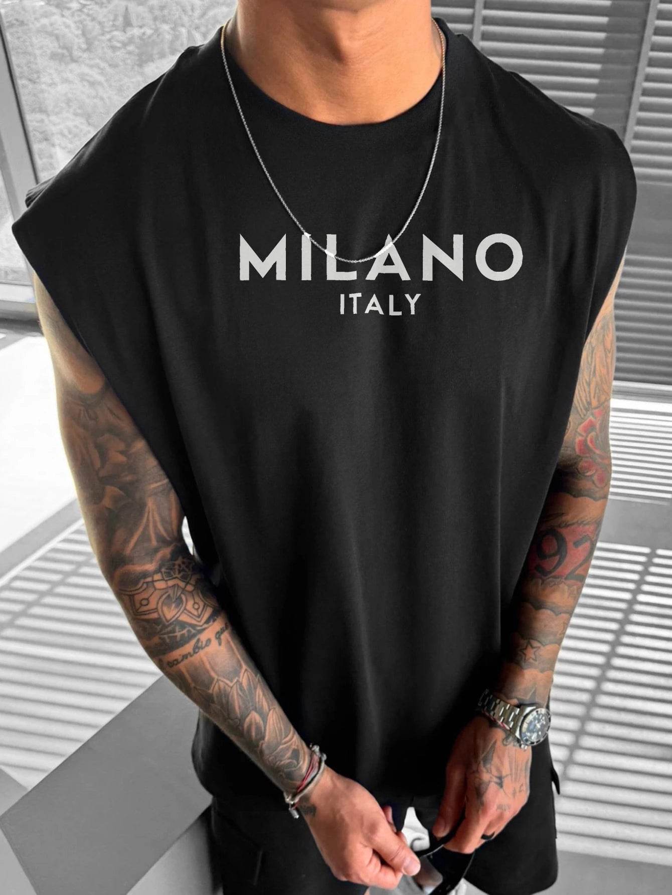 Men's vest short-sleeved T-shirt - Modern T-Shirt White Milano Italy Print Casual Wear - AIAZ