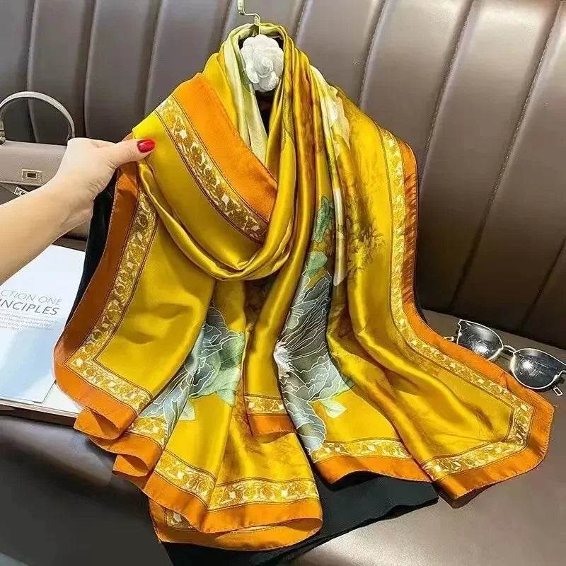 New Summer Women's Silk Scarf Sun Protection Satin Print Extra Long Beach Cover Up Decorative Mom's Shawl Fashionable Accessory - AIAZ