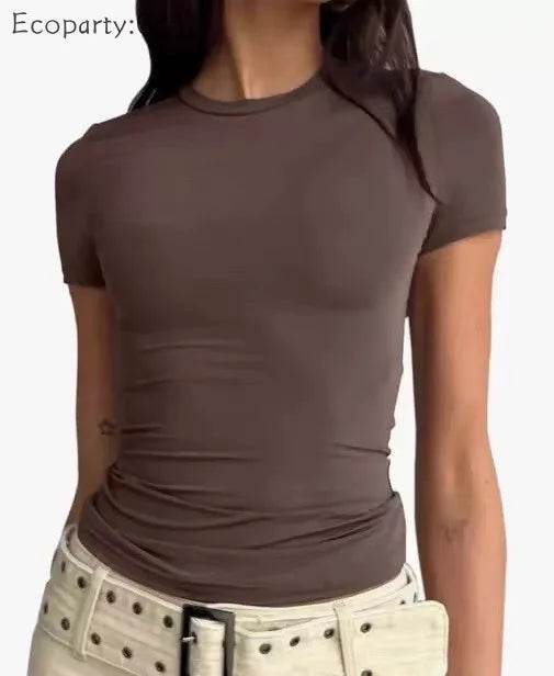 Summer Women's Tops Causal Basic T-Shirts Scoop Neck Short Sleeved Crop Tops Cute Slim Fit Tees Pullovers Clothing Y2K 2025 New - AIAZ