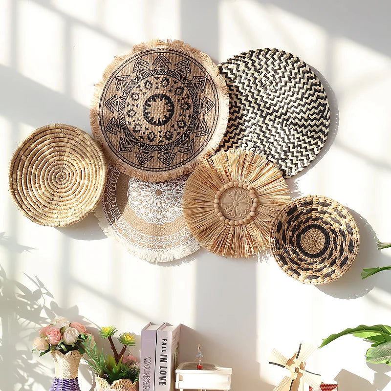 Bohemian Wall Decorations, Woven Grass and Rattan Wall Ornaments, Wall Decorations for Restaurant Background Walls