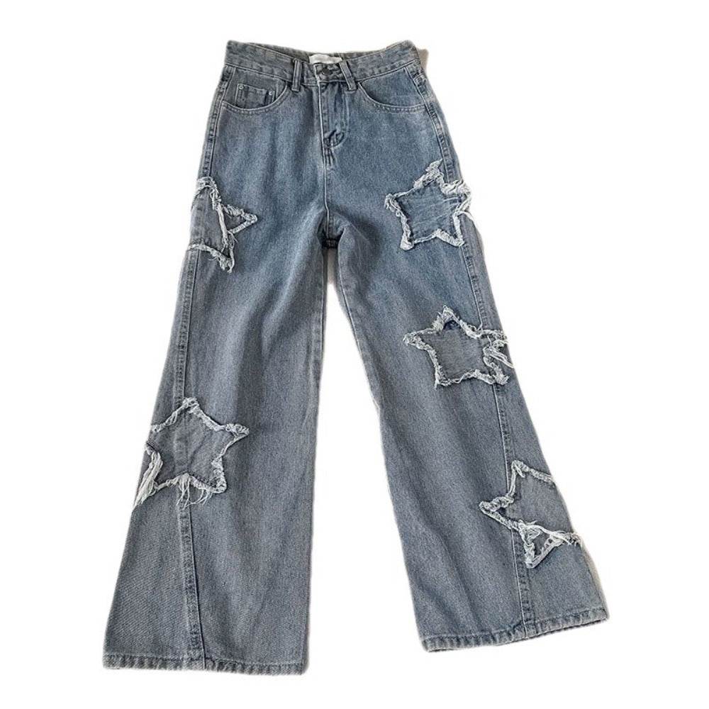 Denim Popular Ins Fashion Korean WIth Star Spring Autumn New High Waist Straight Leg Loose Fitting Jeans - AIAZ