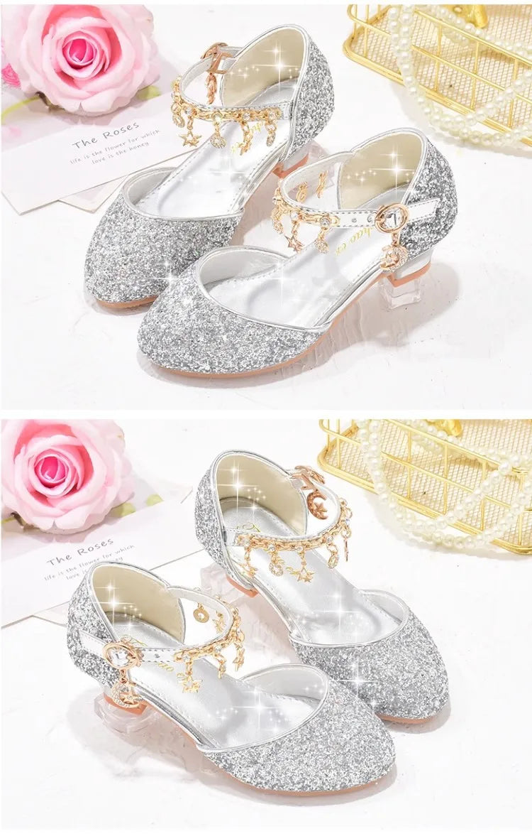 Heeled Dancing Shoes Due To Gold for Girls Glitter Shoes Heels Girls Princess Flowergirl Dresses Golden Girl Child Shoe for Wed