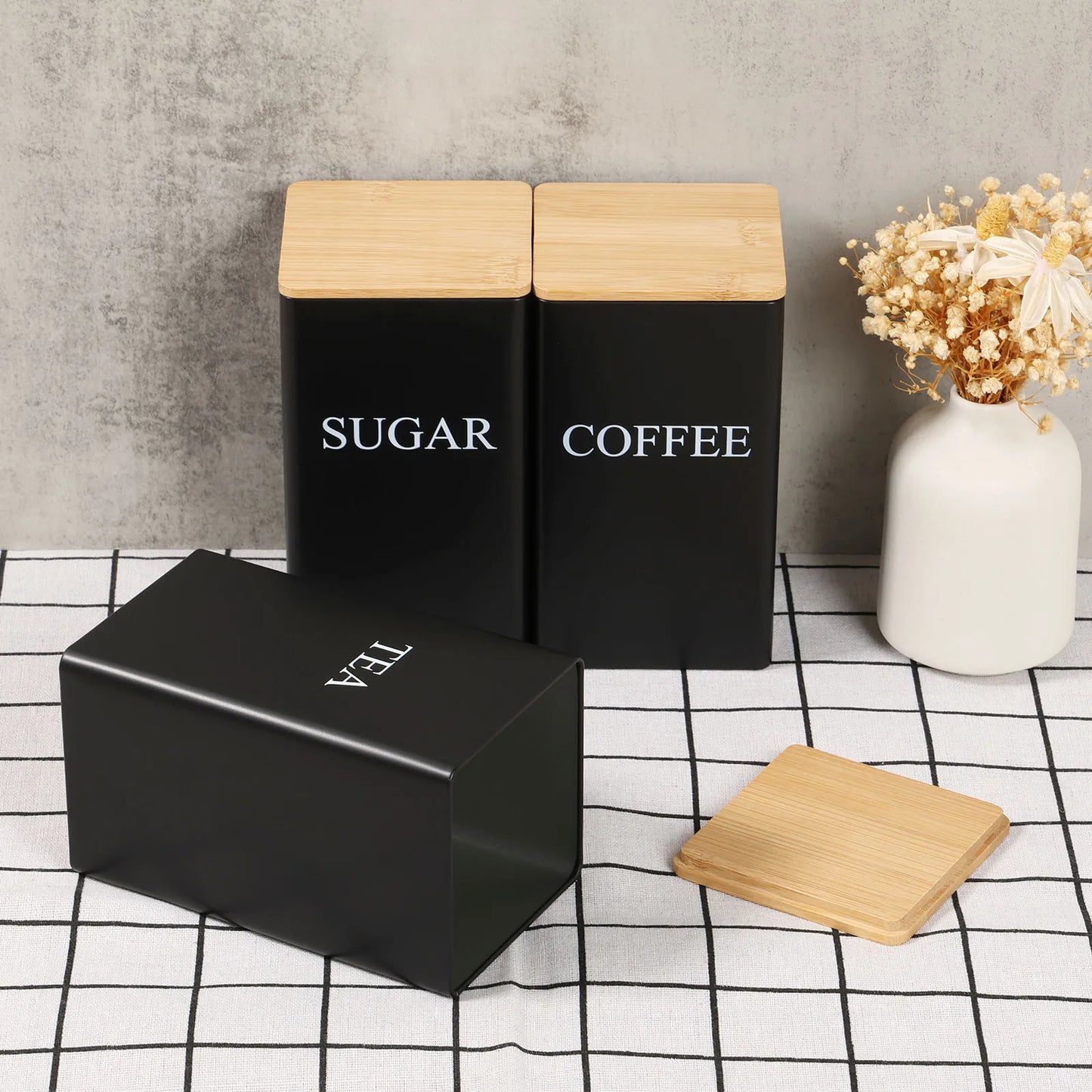 Coffee Bean Storage Jar Metal Coffee Tea Sugar Container Simple Style Sealed Storage with Bamboo Lid Tea Can Kitchen Supplies
