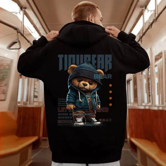 M-8XL American Style Street Cool Brown Bear Print Oversized Hoodie Loose Hoodie Student's Large Soft Velvet Hooded Sweater - AIAZ
