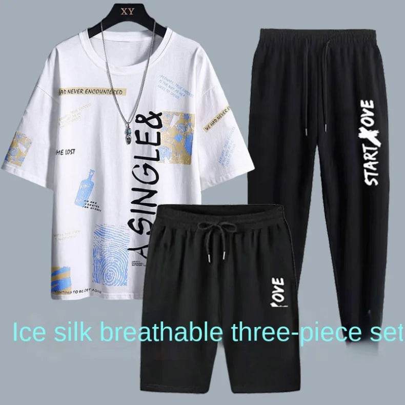 Trendy short-sleeved t-shirt youth quick-drying sports shorts three-piece summer men's casual thin student suit - AIAZ