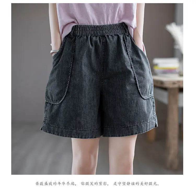 Summer Thin High-waisted Retro Denim Shorts for Women Loose Mid-pants New Wide-leg Large Pocket Five-point Pants - AIAZ