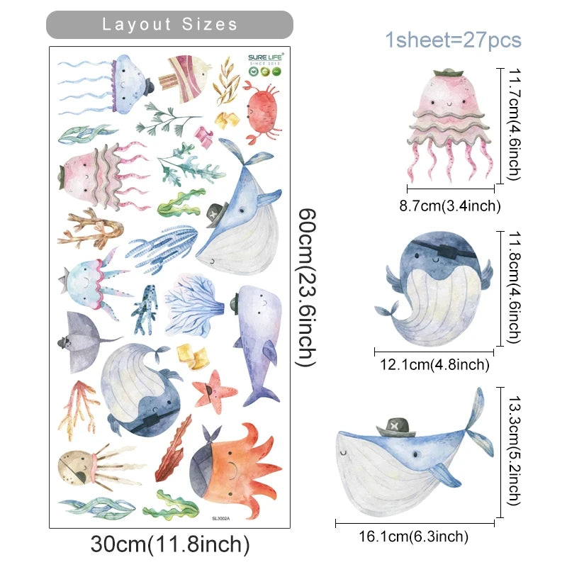 Watercolor Cartoon Ocean Fish Animal Wall Sticker Living Room Bedroom Sea Life Beach Landscape Wall Decal Home Decor