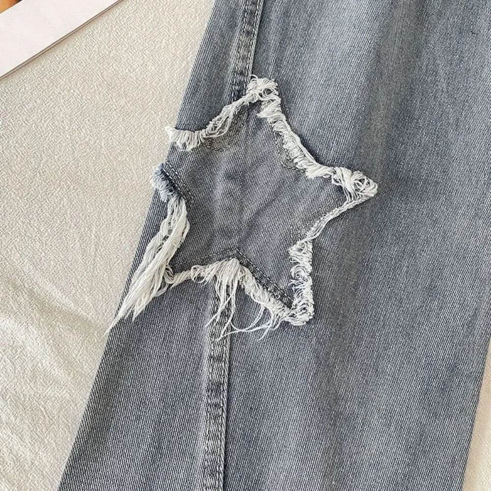 Denim Popular Ins Fashion Korean WIth Star Spring Autumn New High Waist Straight Leg Loose Fitting Jeans - AIAZ