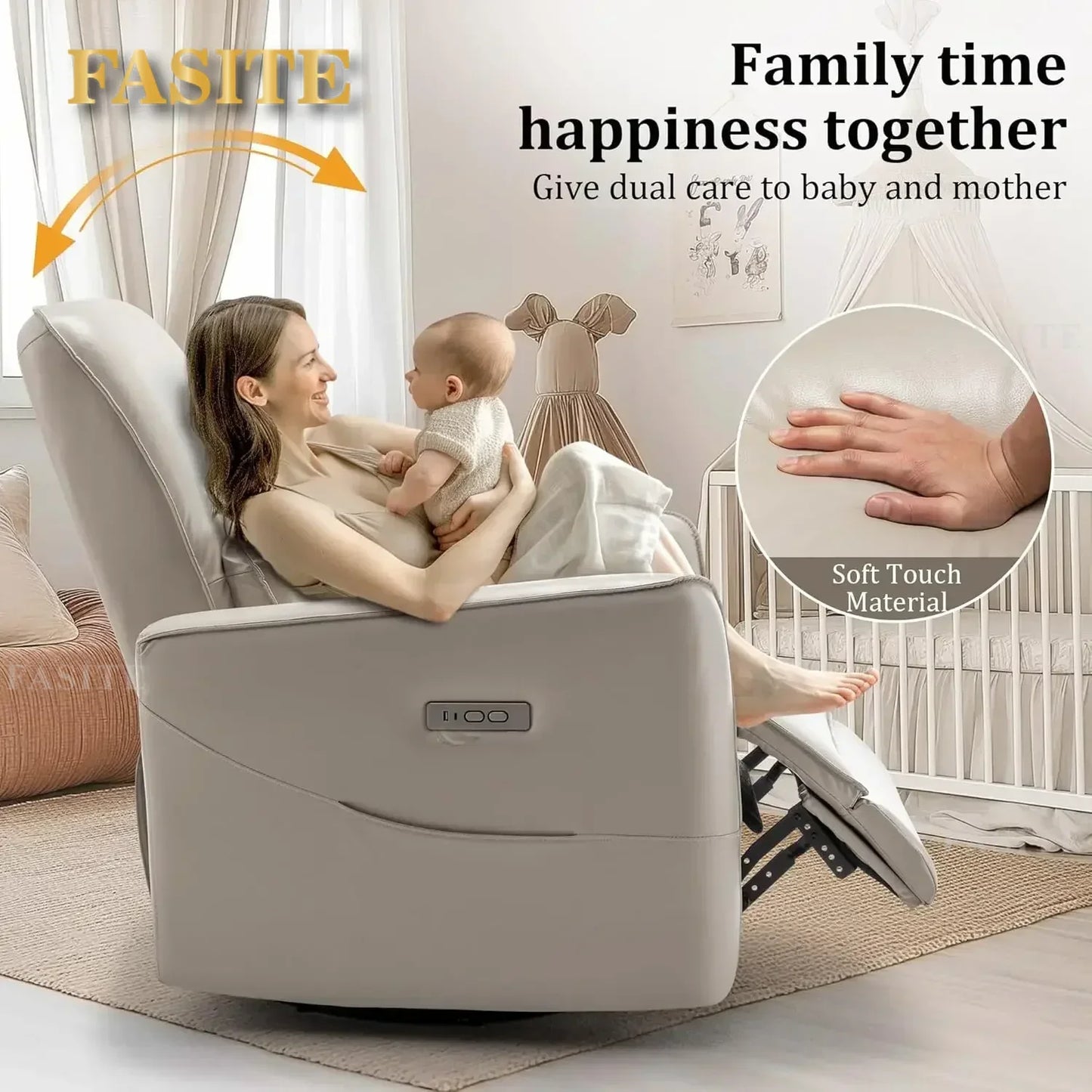 Nordic Minimalist Electric Swivel Recliner Chair, Power Rocker, Glider Nursery,Rocking of Faux Leather