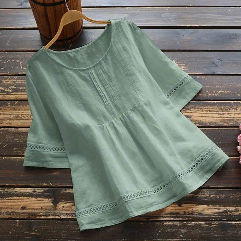 Fashion O-neck Short Sleeve White Lace Tops And Blouses Women 2024 Summer Loose Casual Cotton Linen Top Femme Blouse Shirt Woman - AIAZ