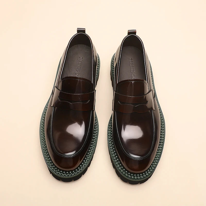 Spring and Autumn New Men's Business Casual Shoes, Genuine Leather Thick Soled Round Toe Loafers