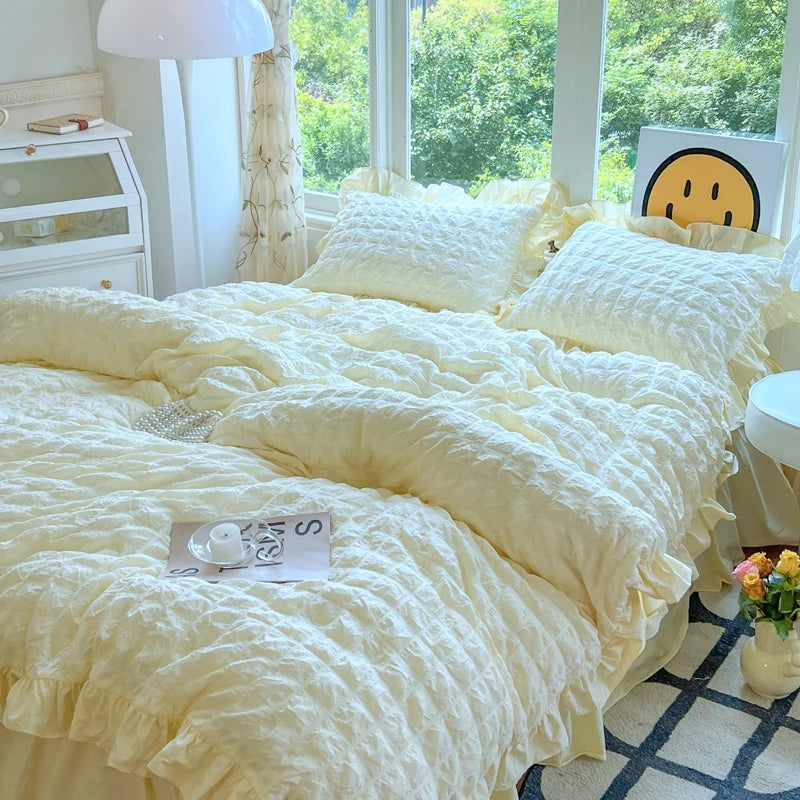 Korean Princess Style Lace Ruffles Bedding Set Skin-friendly Soft Seersucker Duvet Cover Set Bed Sheet Or Bed Skirt Pillowcases