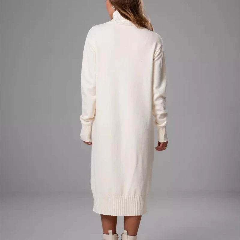 Ribbed Turtleneck Knitted Dress Women Autumn Winter Basic Long Sleeve Sweater Dress Woman Solid Color Long Dresses Female - AIAZ