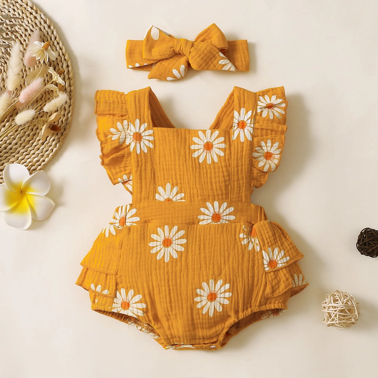 Summer Newborn Infant 0-18Month Baby Girls Romper Sunflower Print Sleeveless Cute Kids Onepiece Jumpsuit
