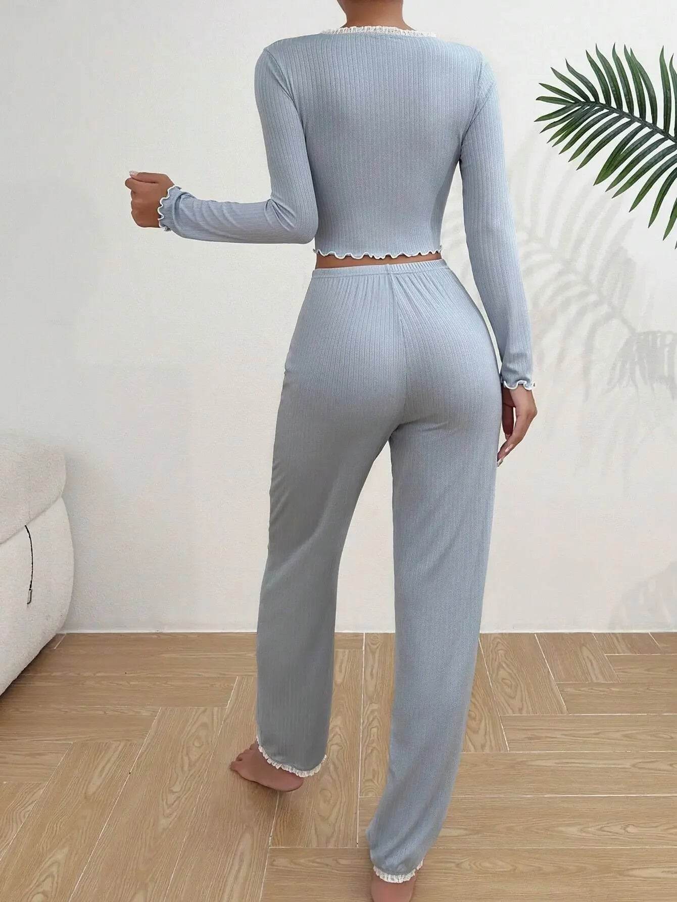 2024 Autumn Winter Homewear Pajamas Set for Women Long Sleeves Shirt Trousers 2 Pieces Sexy Lace Pijamas Sleepwear Loungewear - AIAZ